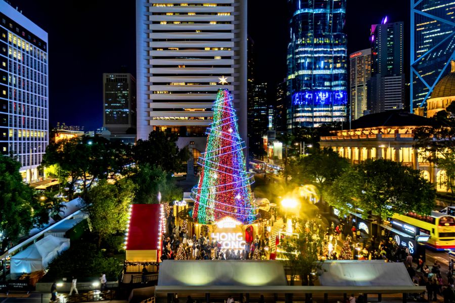 Christmas lights illuminating buildings in Hong Kong