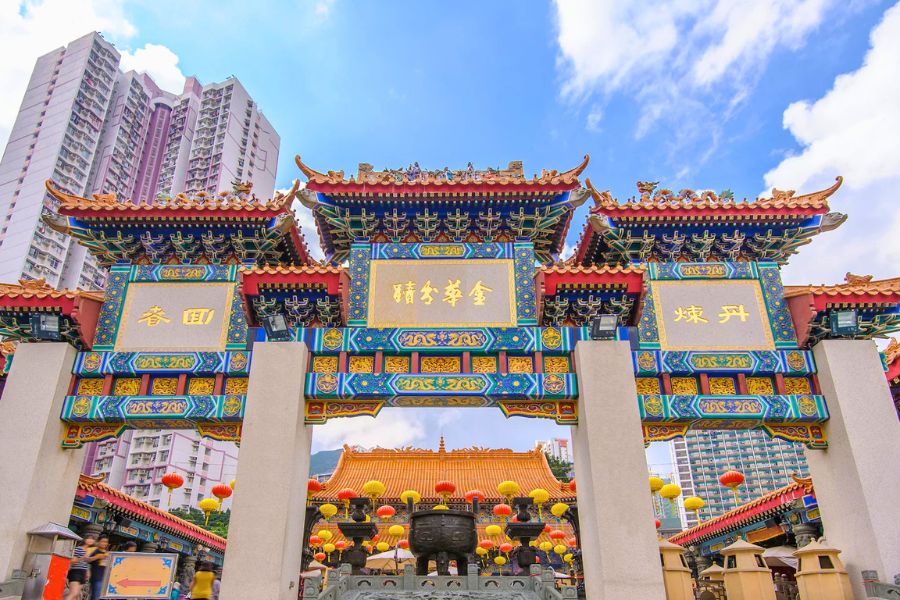 Colorful traditional temple archway in Hong Kong