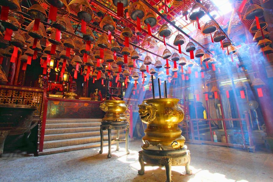 Incense coils hanging inside Man Mo Temple in Hong Kong